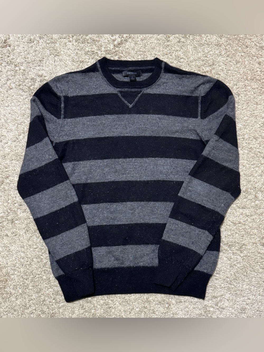 Express 100% Merino Wool Gray Black Striped Sweater Men’s M Fits Small